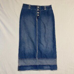 Vintage Me And You Womens A-Line Skirt M Blue Denim Frayed Fly Button Raw Hem